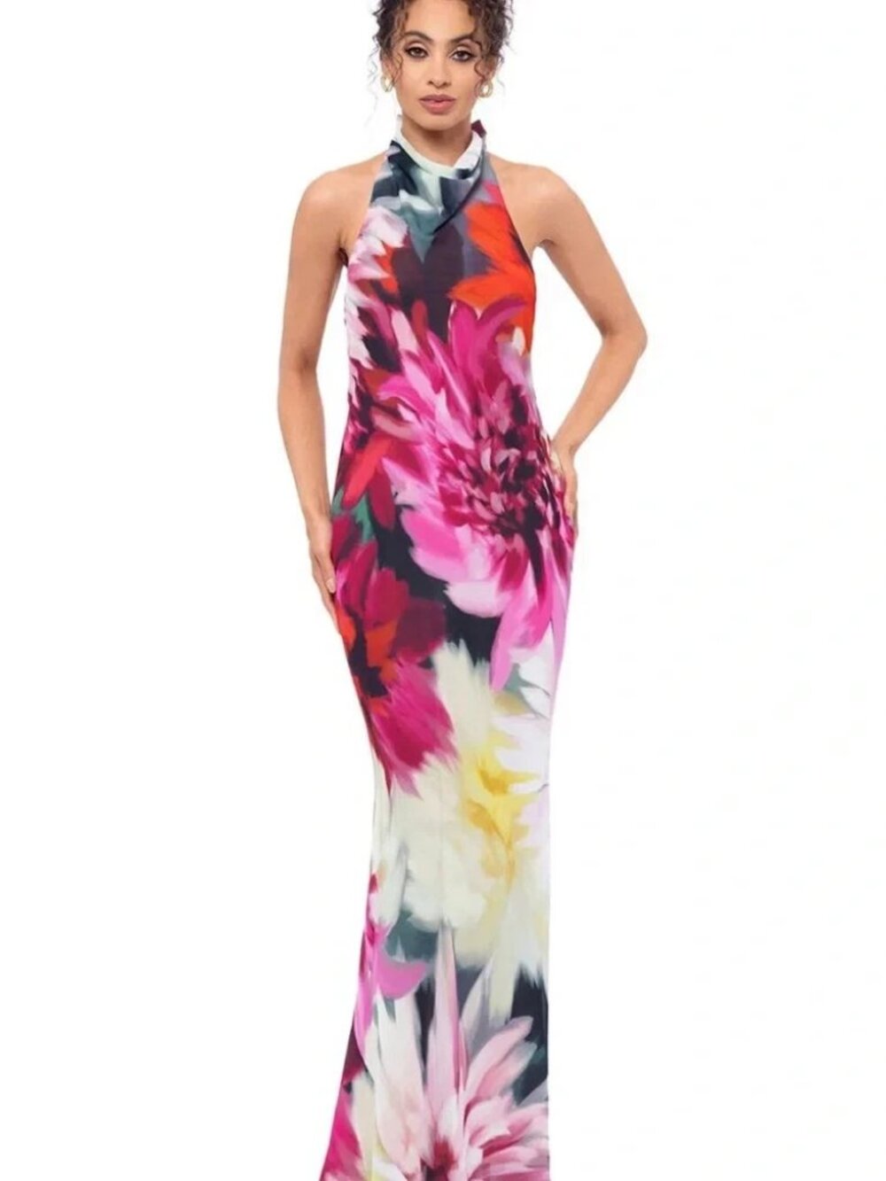 Betsy & Adam Multi Halter Floral Chiffon Tie Back Maxi Dress